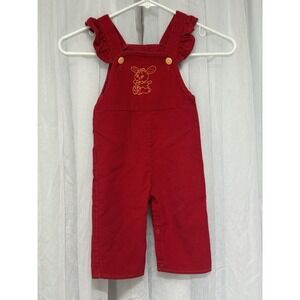 Vintage Sears Perma-Prest Red Corduroy Bunny Embroidered Ruffle Overalls Size M